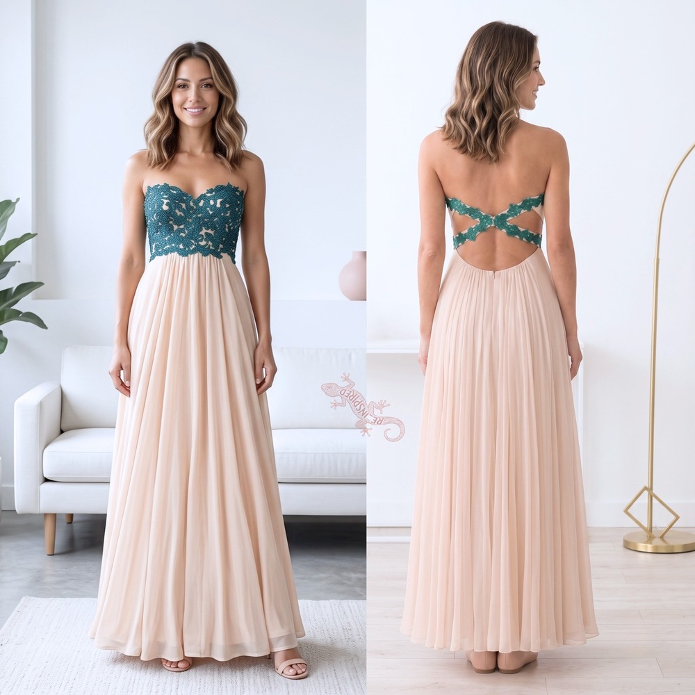 La Femme Prom Gown Women 0 Champagne Green Beaded Lace Strapless Formal Dress